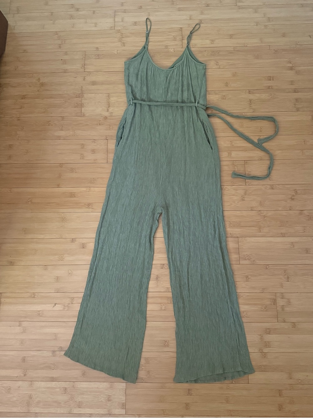 Sleeveless Crinkle Wide-Leg Jumpsuit with Waist Tie in Sage - Picture 2 of 3